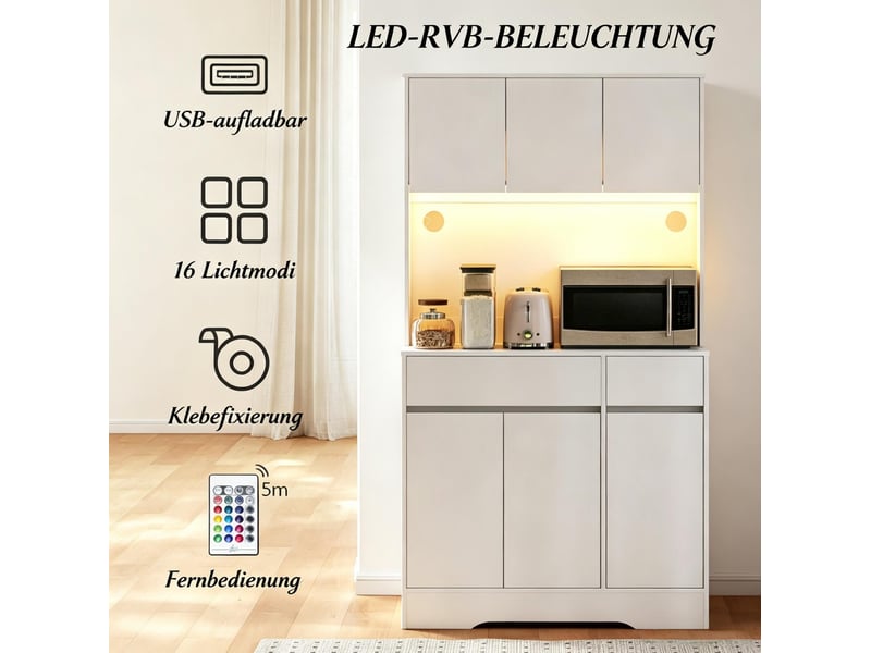 Buffet de cuisine haut avec 6 portes, 2 tiroirs, étagères réglables et éclairage à led pour cuisine, blanc - Conforama D