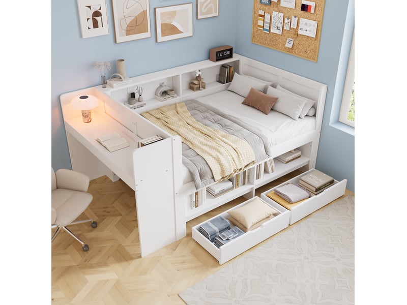  Lit simple 120x200 cm avec bureau, rangements et 2 tiroirs, bois blanc, sans matelas  - Conforama W