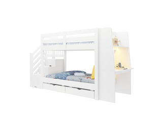 Lit superposé enfant 90x200 cm blanc avec bureau, escalier de rangement et éclairage led