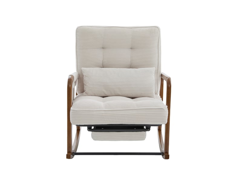  Fauteuil à bascule 70x80x92cm beige en velours côtelé, repose-pieds, coussin lombaire, dossier réglable et poche latérale pour sal  - Conforama A