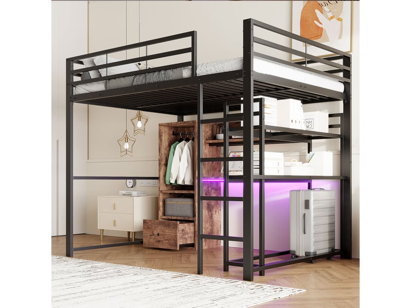  Lit mezzanine 140x200cm sans matelas, structure métal, led, bureau, tiroir, échelle, noir  - Conforama D