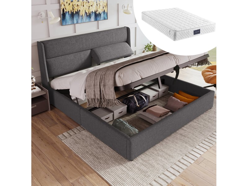  Lit coffre 160 x 200 cm gris en lin avec têtes de lit réglables et sommier métallique  - Conforama D