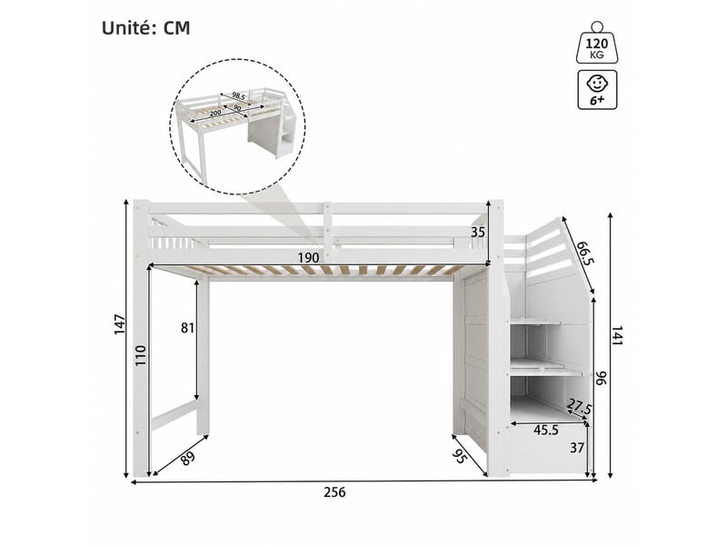  Lit mezzanine 90x200 cm, escalier avec rangement, garde-corps, sommier à lattes, pin et mdf blanc, sans matelas  - Conforama C