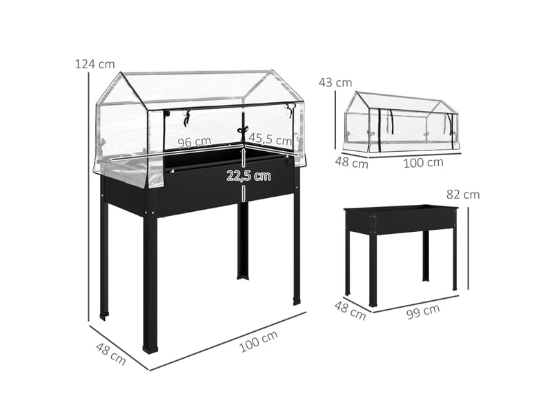 Jardinière surélevée avec serre - noir - métal - protection de serre avec couverture en plastique 100x48x124cm - Conforama C