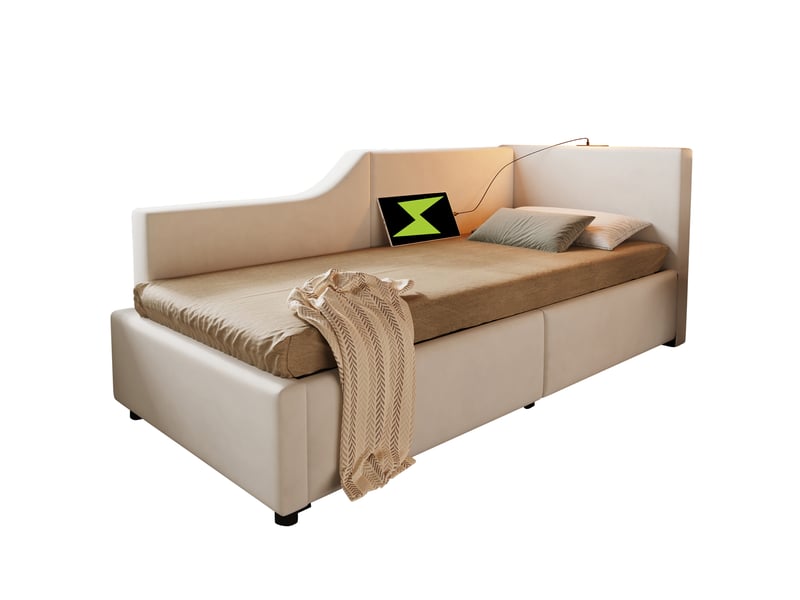  Lit banquette 90x190 cm avec rangement hydraulique, lampe de lecture, usb-c, velours beige sans matelas  - Conforama A