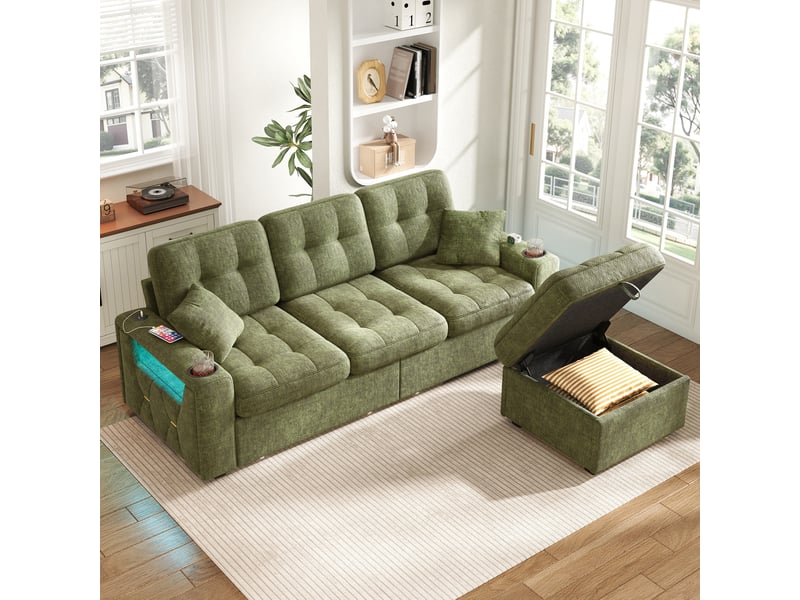 Canapé modulaire avec rangement, ports usb-c, led, porte-gobelets et ottoman de rangement, chenille verte - Conforama B