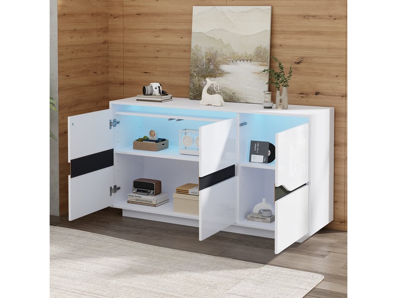 Buffet avec 3 portes, 5 étagères réglables et éclairage led, blanc et noir, 140 × 40 × 70 cm - Conforama C