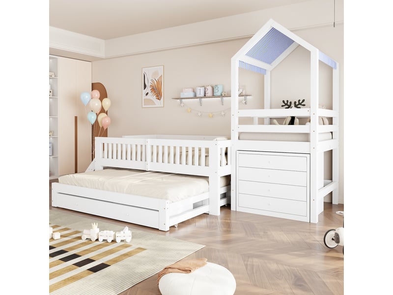  Lit gigogne 90x190 cm - lit cabane enfant 90x200 cm - 4 tiroirs, escalier et toit en tissu - bois massif blanc  - Conforama D