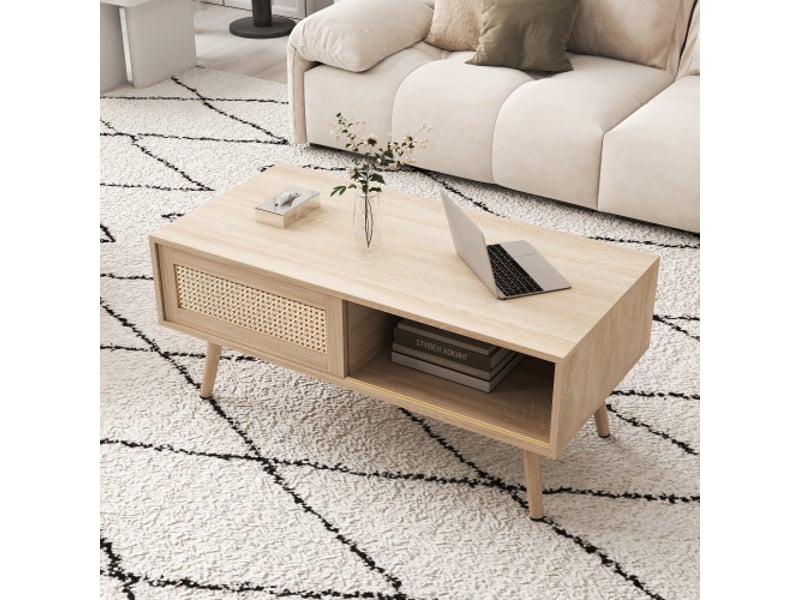  Table basse en osier tressé, portes coulissantes, pieds bois massif, design moderne, couleur naturelle, h40xl105xp55 cm  - Conforama D