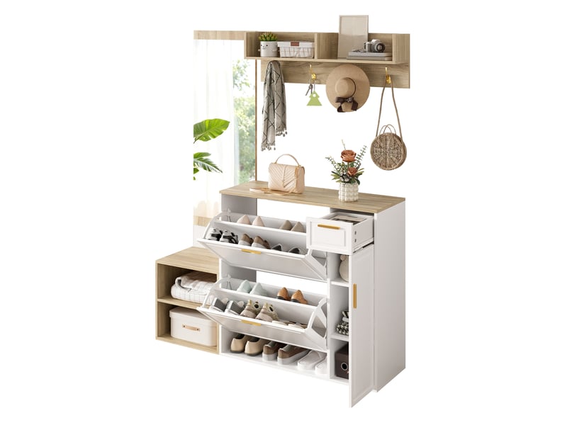  Ensemble vestiaire d'entrée 4 pièces avec meuble à chaussures, banc, panneau mural et miroir, blanc et décor bois naturel  - Conforama A