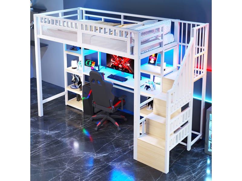  Lit surélevé 90 x 200 cm blanc, structure métallique, échelle avec rangement, bureau, led et usb, sans matelas  - Conforama C