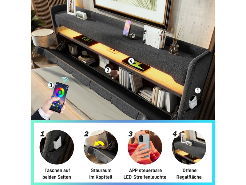  Lit coffre, lit double 160x200 cm, rangement hydraulique, tête de lit avec rangement, led 360°, usbusb-c, lin gris, matelas inclus  - Conforama D