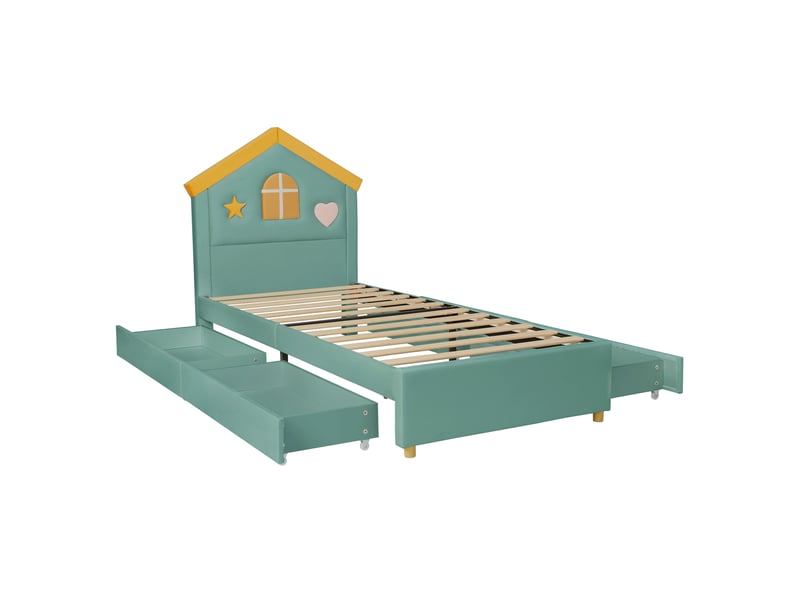 Lit enfant 90x200 cm, lit cabane capitonné bleu-vert, lit enfant avec 4 tiroirs, lit coffre pour chambre d'enfant, lit junior en velours français, lit capitonné avec tête de lit cabane - Conforama E