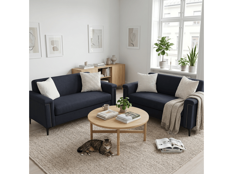  Canapé droit 2 places compact avec pieds métal  - assise mousse ressorts, tissu polyester noir  - Conforama C