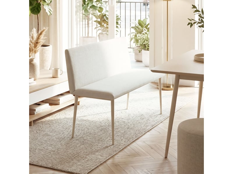  Torios banc salle à manger tissu aspect lin dossier pieds métal crème  - Conforama D