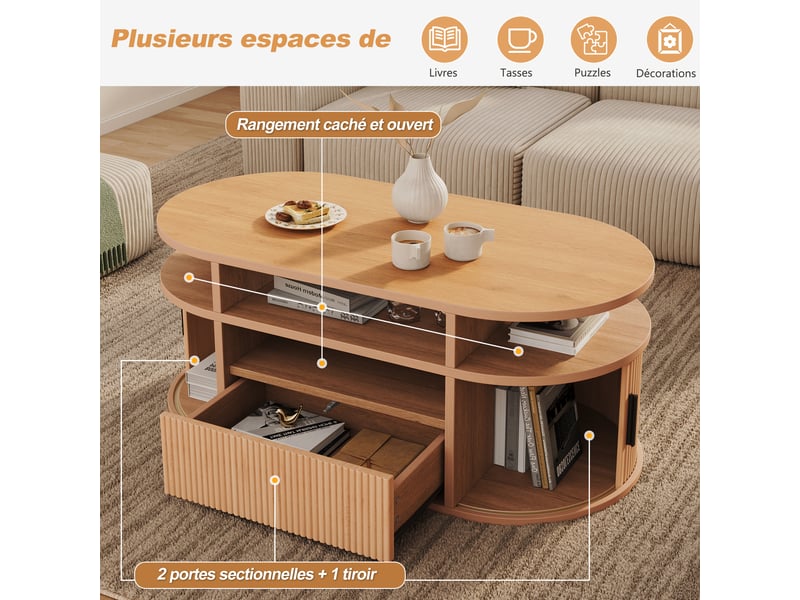  Table basse ovale 100x50x40 cm avec tiroir et portes, finition aspect bois clair naturel  - Conforama E