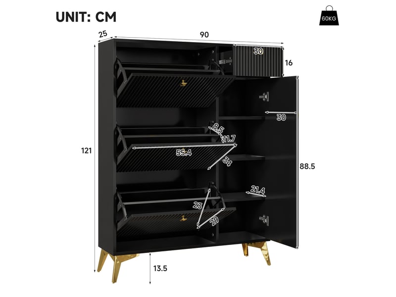  Meuble à chaussures noir à 3 abattants, 1 tiroir et 1 porte, 90x25x121 cm  - Conforama E