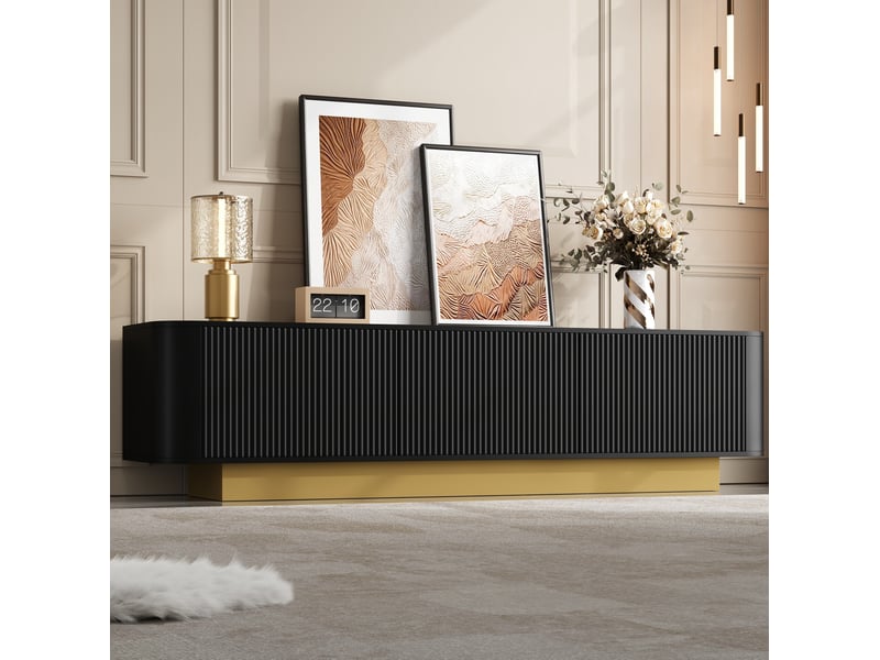  Meuble tv 170x40,5x47 cm, noir, grand espace de rangement, bords arrondis, portes texturées, passe-câbles, mdf et panneau de particules  - Conforama E