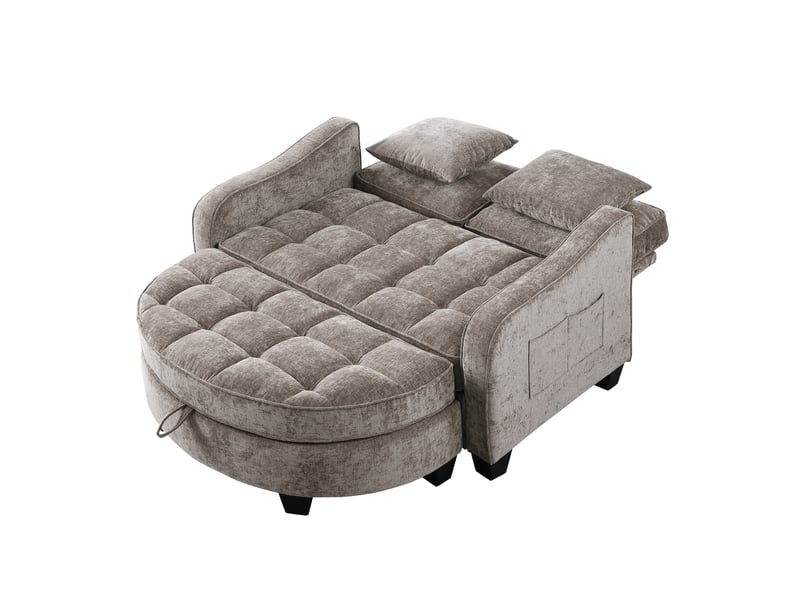  Canapé 1 place convertible 2-en-1 139,5x129,5x93 cm, pouf de rangement intégré, cadre en eucalyptus, chenille marron  - Conforama D