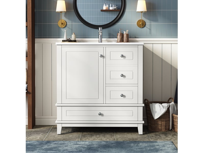  Meuble sous vasque avec 3 tiroirs, 1 porte à fermeture douce et rangement pour salle de bain, blanc, 81 × 47 × 86 cm  - Conforama C