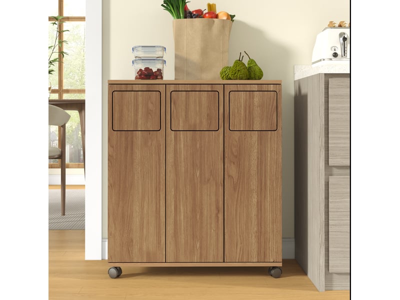  Meuble de tri des déchets 69,3x35x80 cm à roulettes avec 3 portes, pour cuisine, pratique, élégant, en mdf, naturel  - Conforama B