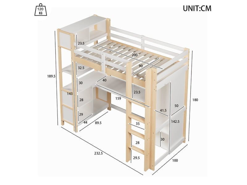  Lit mezzanine enfant 90x200 cm avec bureau, rangements et penderie naturel et blanc  - Conforama C
