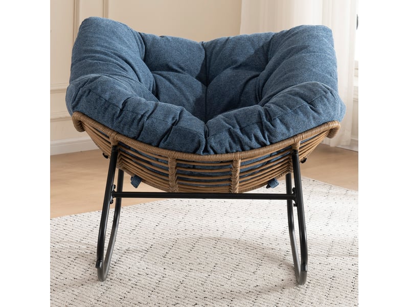 Rocking-chair avec assise enveloppante et structure métal, pour salon ou chambre, en chenille bleue, 98 × 102 × 77 cm - Conforama C