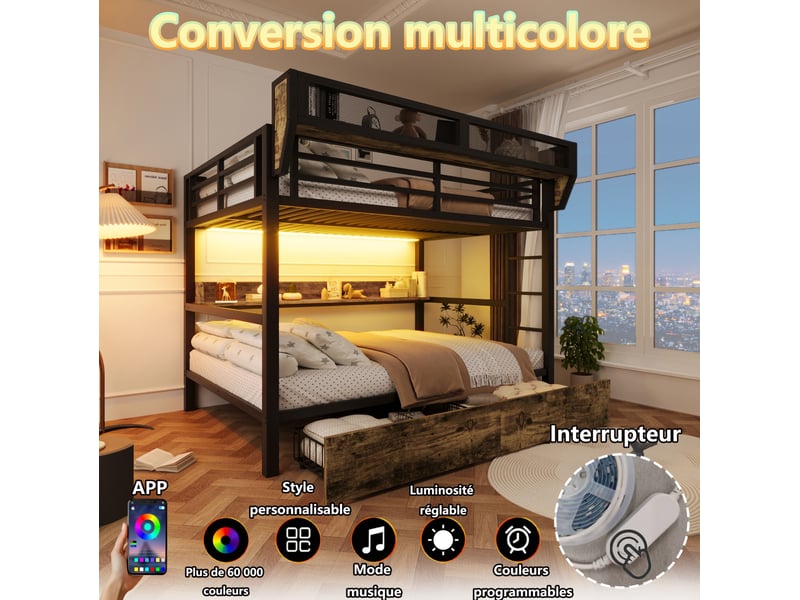  Lit superposé 140x200 cm avec 2 tiroirs, lit enfant avec led et panier de rangement, mdf et métal, noir, sans matelas  - Conforama E