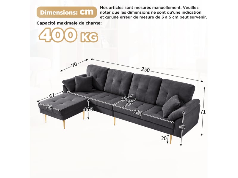 Canapé 4 places modenvie en velours côtelé avec pouf modulable, 250 cm, gris foncé - Conforama C