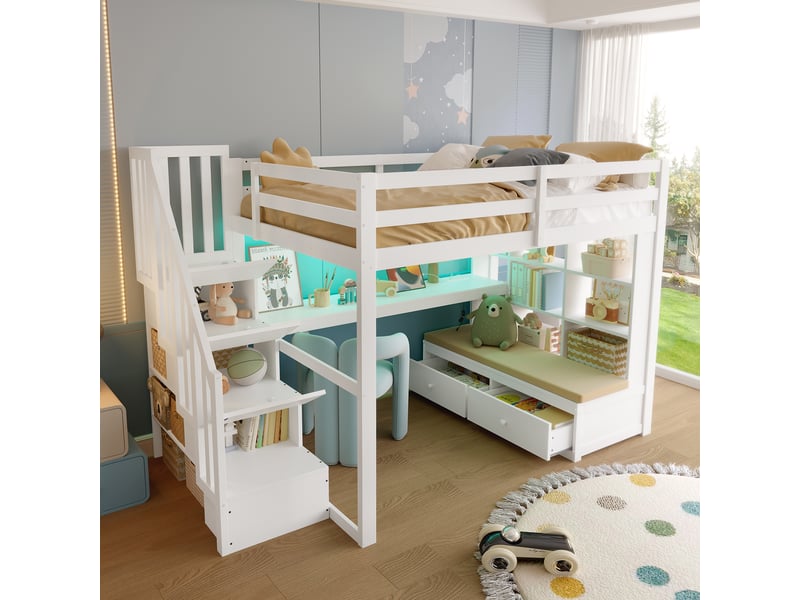  Lit mezzanine enfant 140x200 cm avec bureau intégré, escalier avec rangement, led, étagères et tiroirs, structure en bois - blanc  - Conforama E