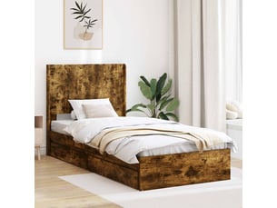 Lit adulte, lit simple, cadre de lit avec rangement et tête de lit chêne fumé cf1635