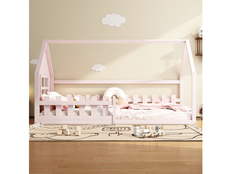  Lit cabane enfant 90 x 200 cm en pin et mdf, rose, avec sommier à lattes  - Conforama D