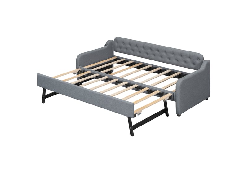 Canapé-lit 90x200 cm avec gigogne, usb, mdf et lin, gris, sans matelas - Conforama E