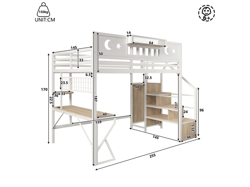  Lit mezzanine 140x200 cm avec bureau, panneau perforé, étagères, usb, led multicolore, escalier avec rangement, métal et mdf, blanc OMNIGLINT TRADING LTD - Conforama C