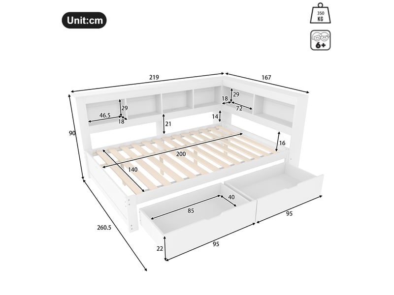  Lit banquette 140x200 lit de jour blanc avec 2 tiroirs et ports usb  - Conforama C
