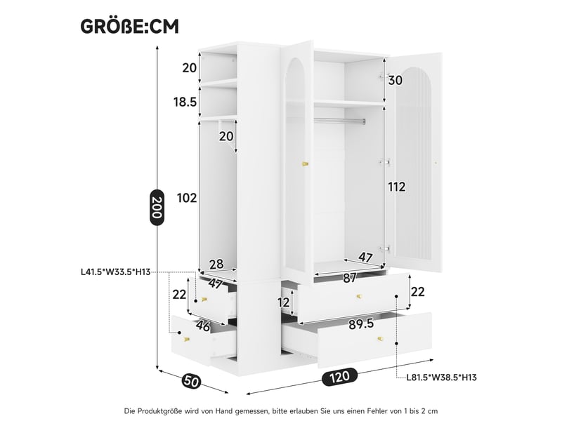 Armoire 120 x 50 x 200 cm, 2 portes vitrées, 2 tringles à vêtements, 4 tiroirs, espace de rangement, blanc Bliss Lite - Conforama C