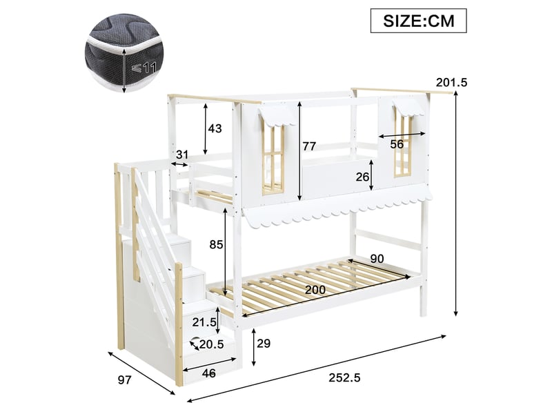  Lit superposé enfant 90x200 cm – blanc et naturel – escalier de rangement, fenêtres décoratives, sans matelas  - Conforama C