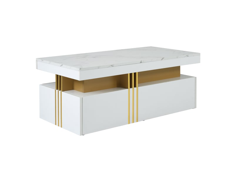  Table basse moderne rectangulaire blanc brillant avec 2 tiroirs, effet marbre, 100x50x40 cm  - Conforama A