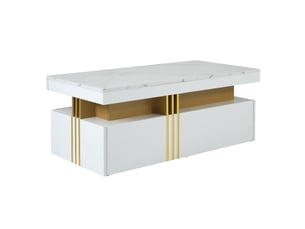 Table basse moderne rectangulaire blanc brillant avec 2 tiroirs, effet marbre, 100x50x40 cm