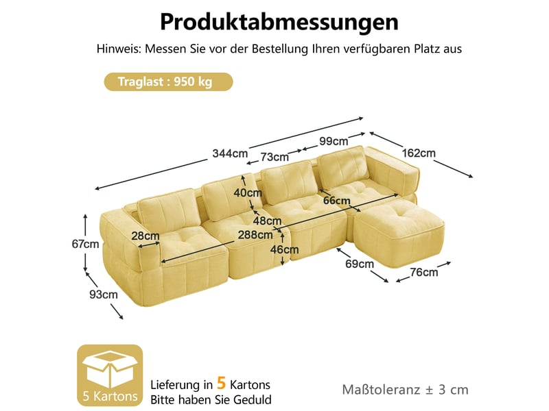 Canapé d'angle modulaire 4 places sans cadre avec pouf et assise profonde en polyester jaune - Conforama C