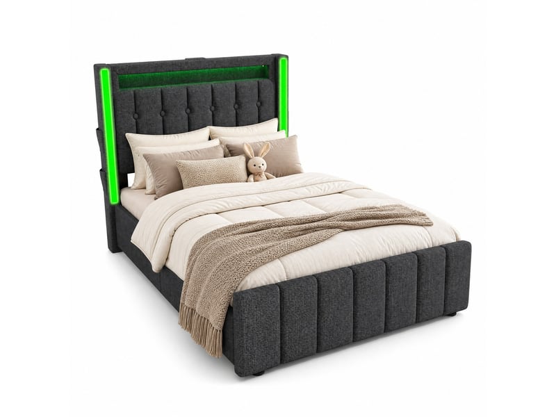  Lit avec tiroirs 1 place 90x200 cm en lin gris, avec 2 tiroirs, led, usb et type-c, matelas inclus  - Conforama A