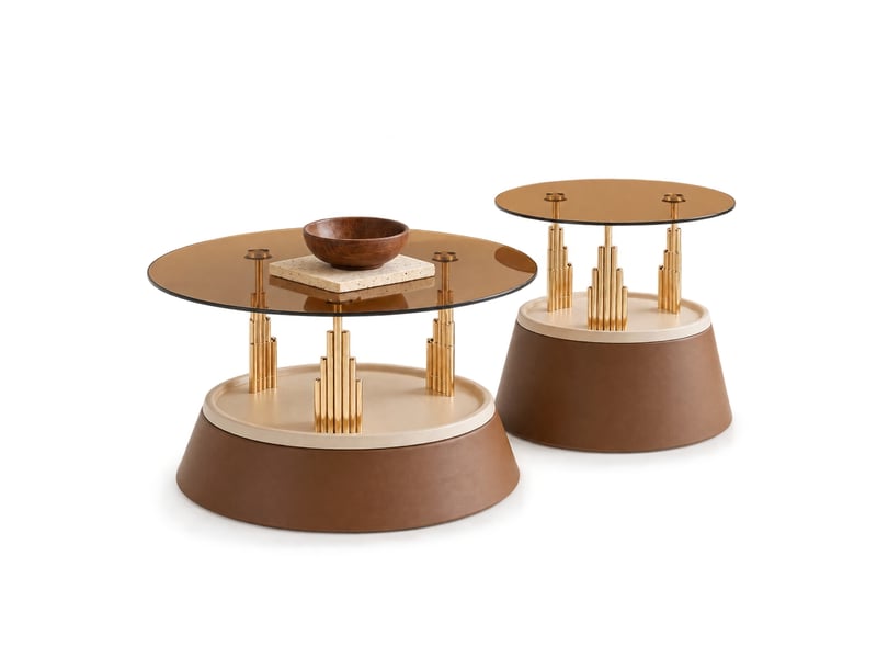 Table basse gigogne en verre, lot de 2 tables de salon rondes, plateau en verre trempé et métal, marron - Conforama A