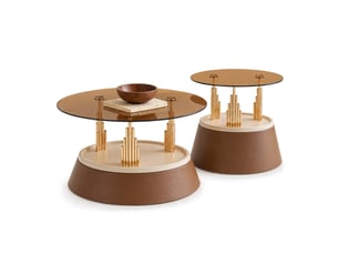 Table basse gigogne en verre, lot de 2 tables de salon rondes, plateau en verre trempé et métal, marron