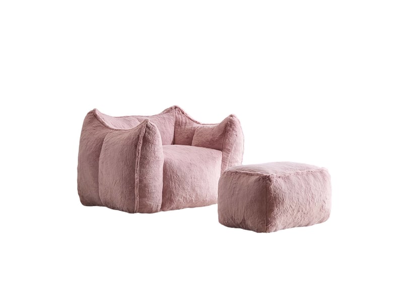  Fauteuil avec pouf et assise en mousse, forme arrondie et structure sans cadre pour salon, en fausse fourrure rose  - Conforama A