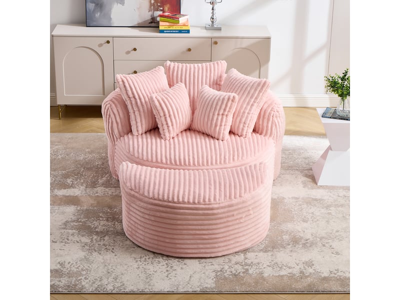  Fauteuil lounge rond oversize en chenille, avec repose-pieds et 5 coussins, sans pieds  - Conforama B