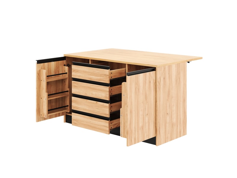  Îlot de cuisine 140 cm naturel, plateau rabattable, 4 tiroirs, 2 placards  - Conforama E