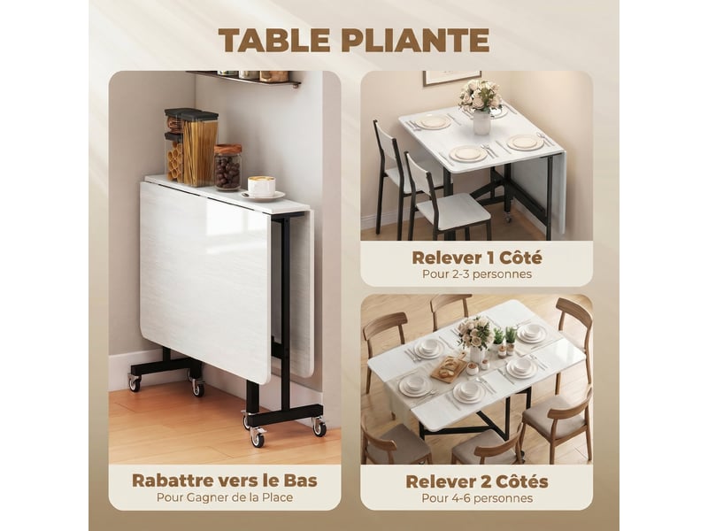  Table à manger pliante sur roulettes pour 4-6 personnes 120 cm, roues avec freins, industriel, 2 abattants, blanc noir  - Conforama E