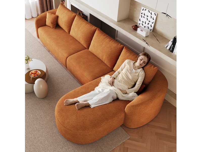 Canapé d'angle droit 4 places modulaire sans montage, mousse haute élasticité en chenille orange, 336 × 168 × 85 cm - Conforama E