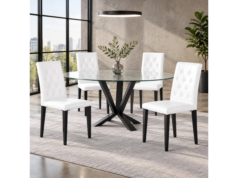  Lot de 4 chaises de salle à manger à dossier matelassé et patins antidérapants  - pu blanc et métal noir  - Conforama C