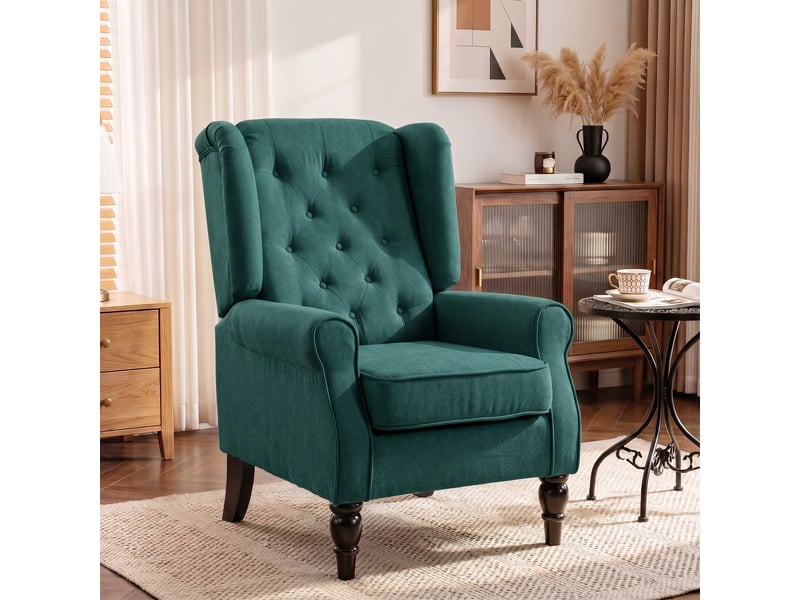  Fauteuil à oreilles avec accoudoirs, coussin capitonné, vert foncé  - Conforama C